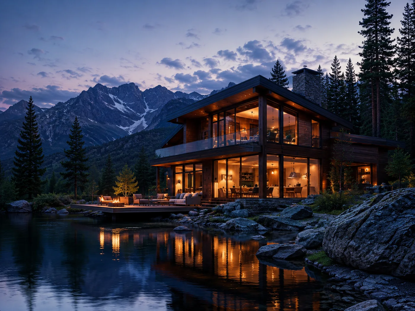 Modern mountain cabin beside reflective water at dusk