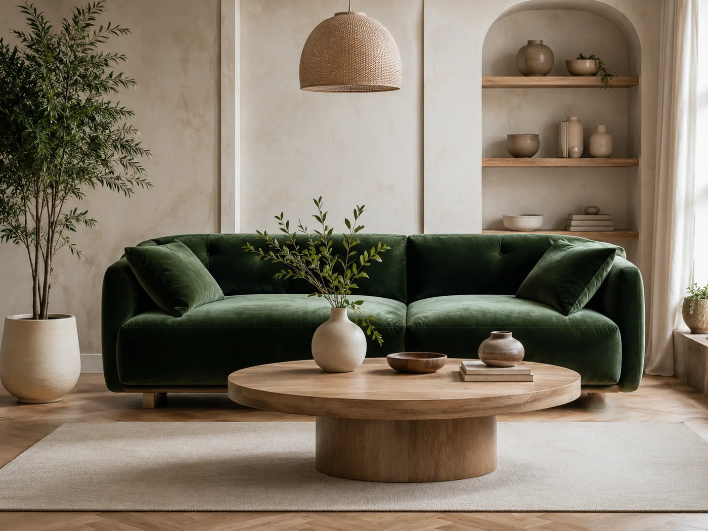 Minimalist living room with a deep green velvet sofa and natural materials