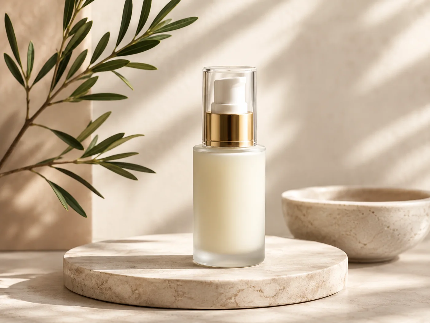Premium skincare bottle on a stone pedestal in warm natural light
